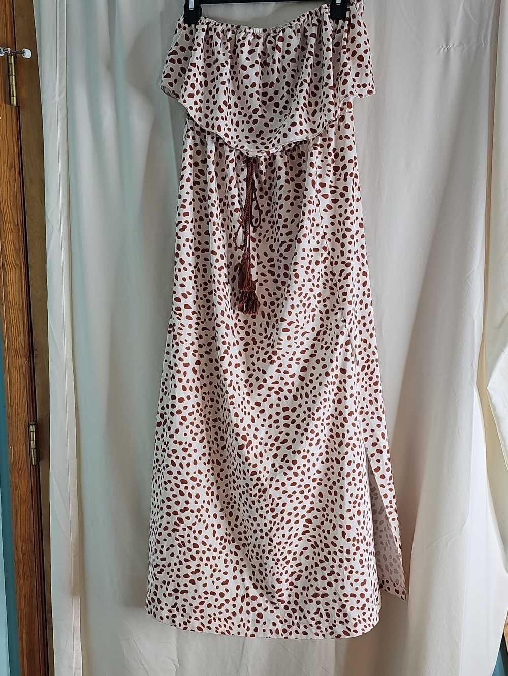 Off-Shoulder Or Strapless Cream Maxi Dress with Brown Spot Print - Picture 1 of 8